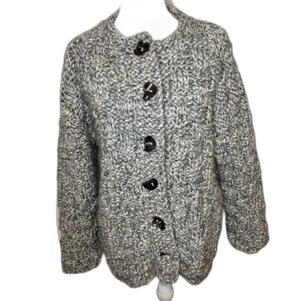 Handmade Black White Gray Wool Blend Chunky Knit Button Front Cardigan Womens